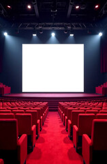 Cinema auditorium with red seats and large white screen.