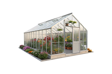 A colorful greenhouse blooming with a variety of flowers, complemented by potted plants and a paved path for access, isolated on a transparent background