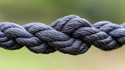 Fototapeta premium Close-up of a knotted rope outdoors, blurry green background, for texture website use