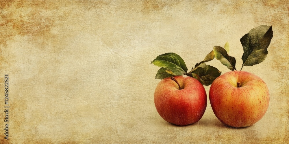 Aufkleber textured vintage paper background with two red apples and green leaves on the left side against a so