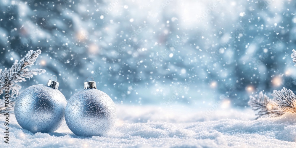 Aufkleber silver christmas balls resting on a snow-covered ground with gently falling snowflakes in a soft blu