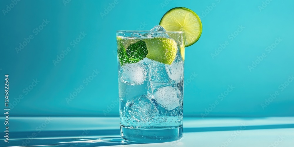 Poster refreshing sparkling drink in a clear glass with ice, mint leaves, and lime slice, set against a vib