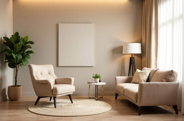 Fototapeta premium Modern living room interior with armchairs, coffee table and poster on wall