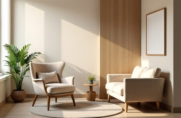 Living room interior with armchair and plant in light beige tones. 3d render.