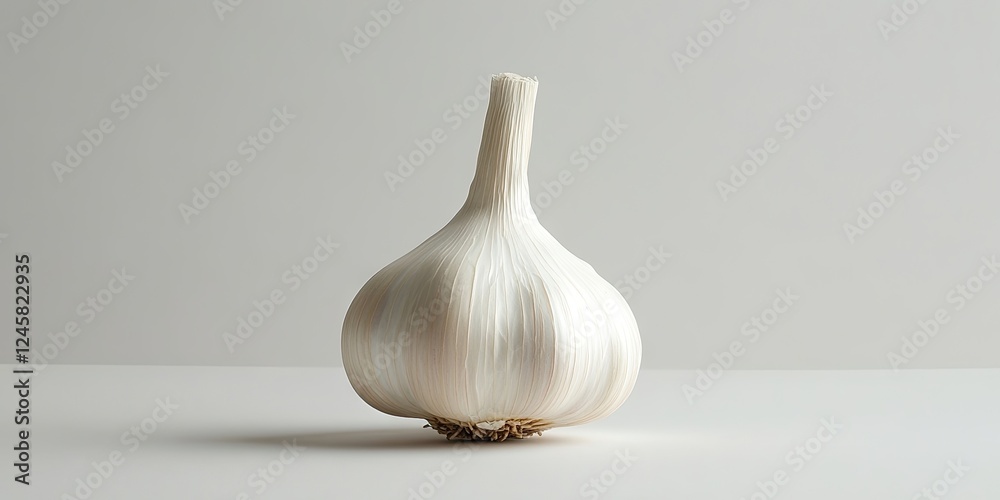 Poster Garlic bulb showcasing a smooth white texture with a slightly curved shape positioned centrally on a clean light background for a fresh appeal