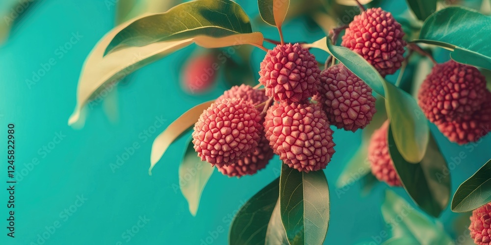 Poster ripe lychee fruits in clusters on a green background with lush leaves showcasing rich red textured s
