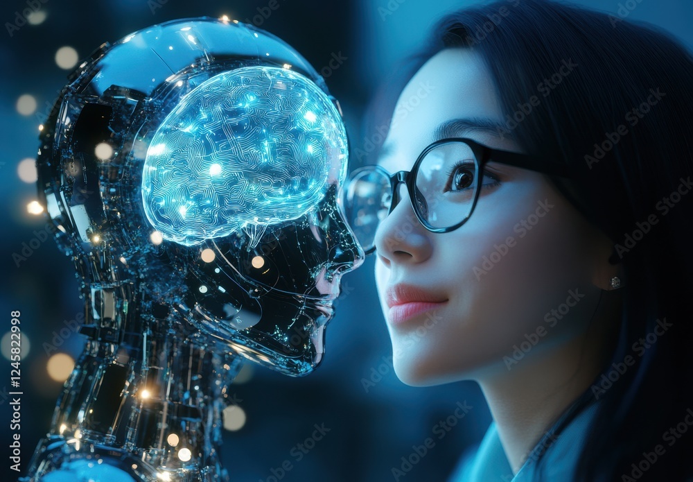 Poster futuristic interaction between human and robot, exploring artificial intelligence and neural connect