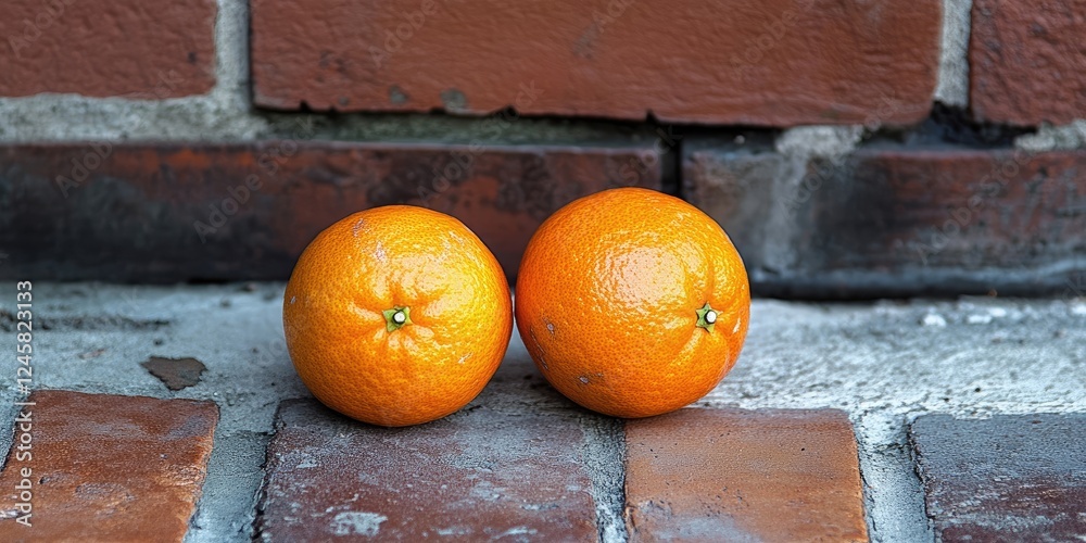 Poster fresh ripe oranges placed side by side on a textured brick surface showcasing vibrant orange color a