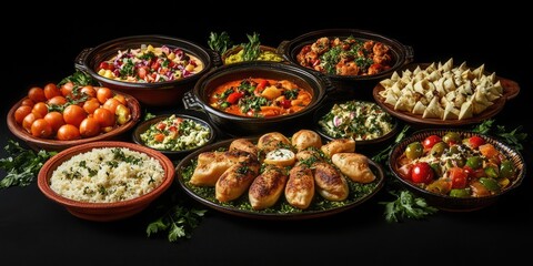 Fototapeta premium Colorful assortment of traditional dishes arranged on dark background featuring vibrant salads, dumplings, rice, and stews with fresh herbs.