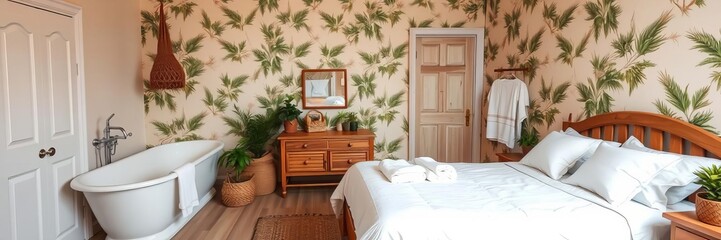 Bohemian wooden bathroom and bedroom in boho style with bathtub, bed, towel rack, potted plants, tropical wallpaper, and vintage decor, bedroom, beige tones, bed
