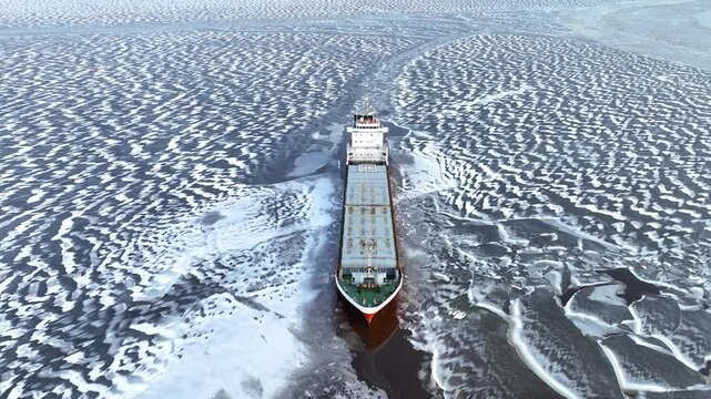 A big red ship frozen in the endless sea of ice. Aerial View of dead frozen harbour Extreme cold weather. Nature landscape famous for being heavily affected by global warming and Climate Change