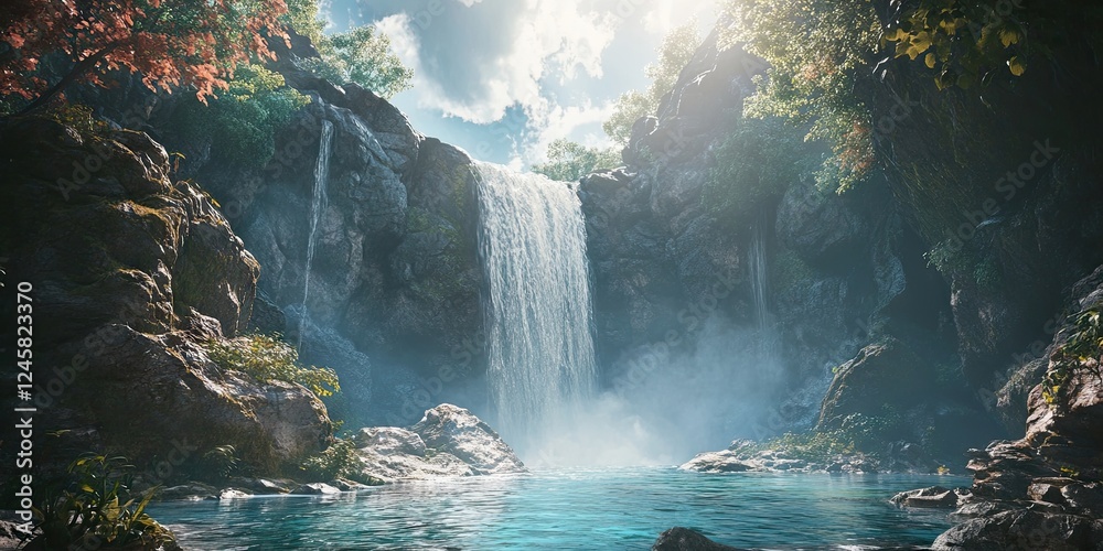 Poster tranquil waterfall cascading over rocky cliffs into a serene turquoise pool surrounded by lush green