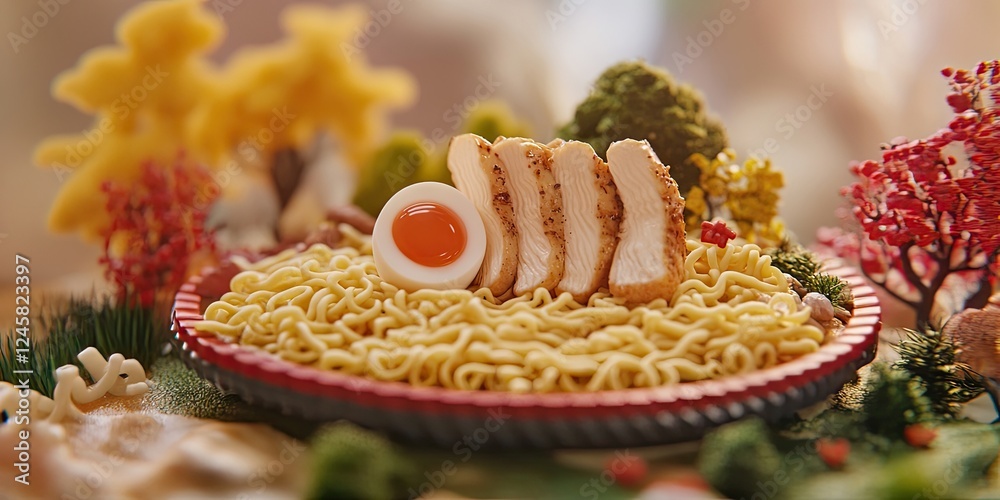 Aufkleber diorama style presentation of steamed chicken fillets on yellow instant ramen noodles with a soft-bo