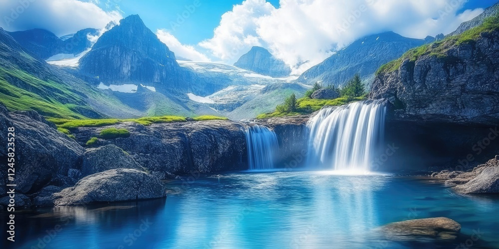 Aufkleber serene mountain waterfall cascading into turquoise lake surrounded by lush greenery under a bright b