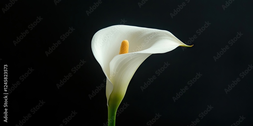 Poster Elegant white calla lily isolated on a smooth black background with soft lighting highlighting its curved petals and yellow stamen at the center.