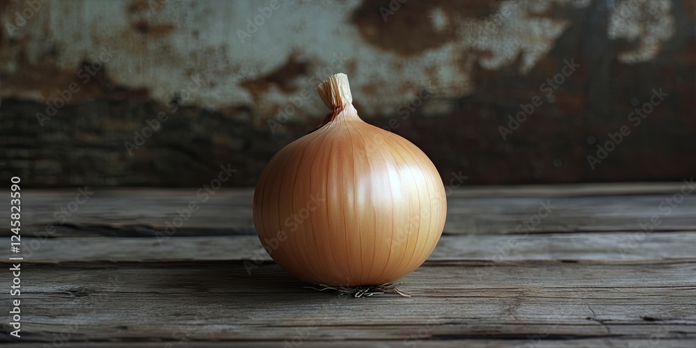 Poster single fresh yellow onion positioned centrally on a rustic wooden table with a weathered background 