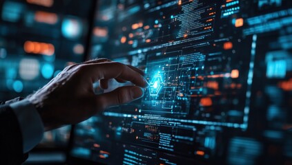 Fototapeta premium Futuristic Interface Interaction with Hand Touching Digital Data Display in High-Tech Environment with Glowing Visual Elements and Abstract Graphics