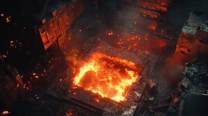 A foundry scene with molten metal being poured into molds, casting a fiery glow as it hardens, symbolizing the heat and precision of metalworking.