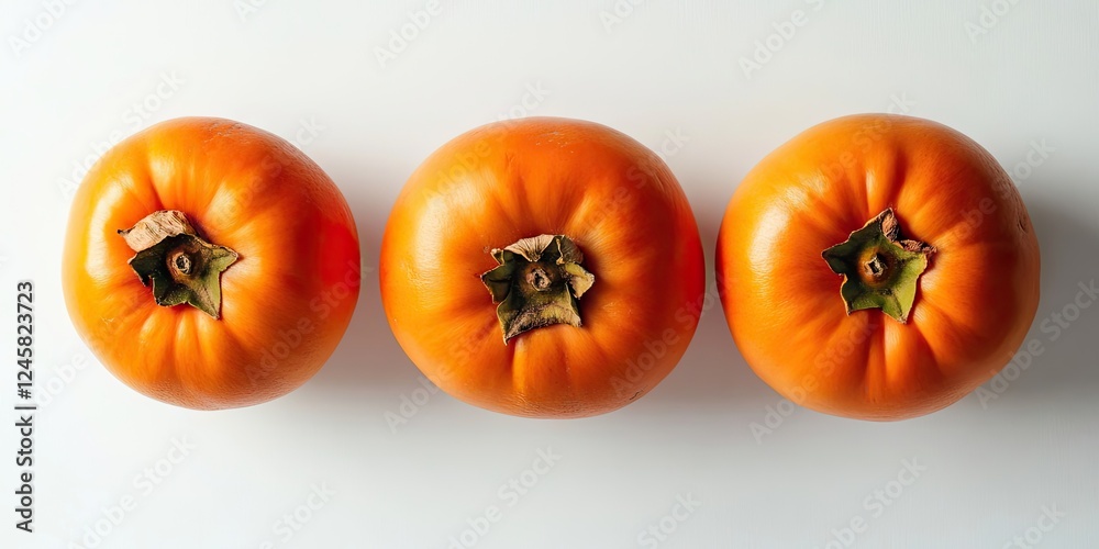 Poster fresh orange persimmons arranged in a straight line on a clean white background with green stems vis