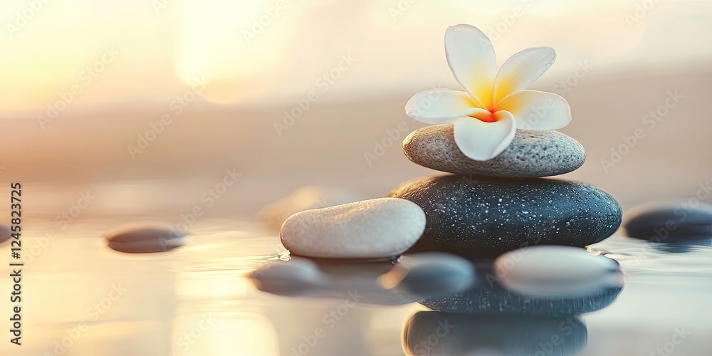Poster smooth black and white spa stones stacked with a blooming white flower on top in soft warm blurred b