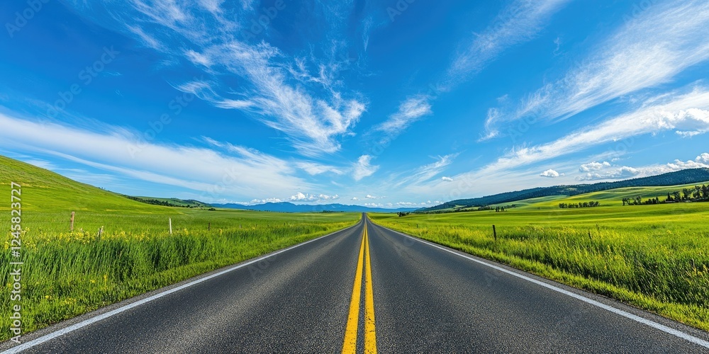 Aufkleber panoramic view of a well-maintained blacktop road with double yellow lines stretching through vibran