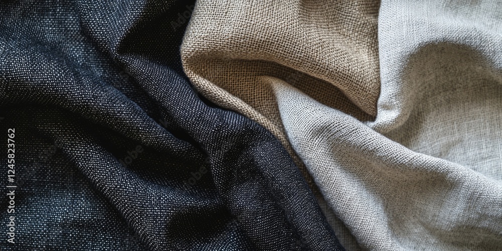 Poster textured fabric drapes of deep black, warm beige, and soft gray arranged in elegant folds creating a