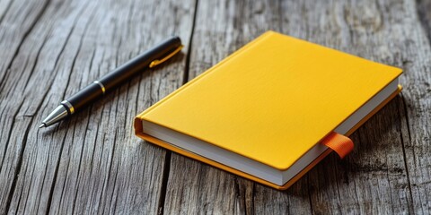 Yellow notebook and black pen on a rustic wooden table captured from a side angle emphasizing the textures and colors of the materials.