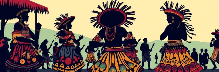 Colorful illustration of the bumba meu boi festival in Parintins, Brazil, featuring traditional costumes, music, and dancing, costumes, woodcut style, Parintins