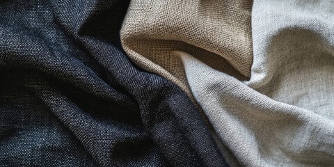 Textured fabric drapes of deep black, warm beige, and soft gray arranged in elegant folds creating a sophisticated and modern composition.