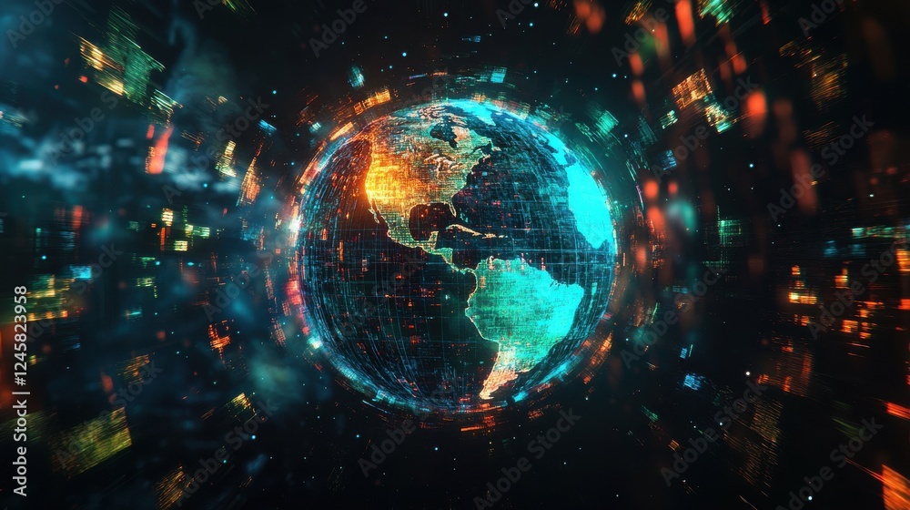 Poster abstract digital globe with bright data points and lights effect