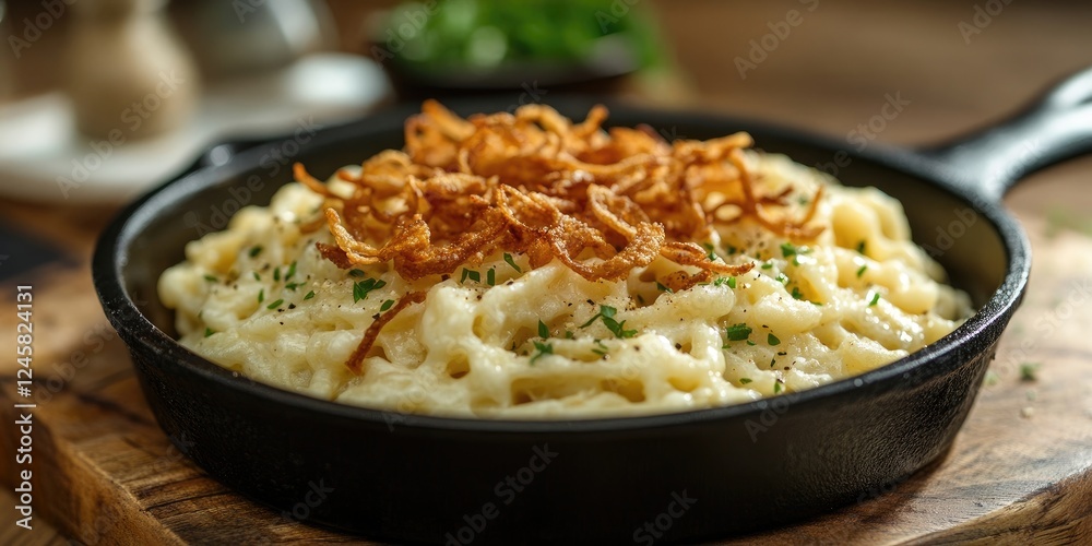 Poster creamy macaroni and cheese topped with crispy fried onions in a cast iron skillet on a rustic wooden