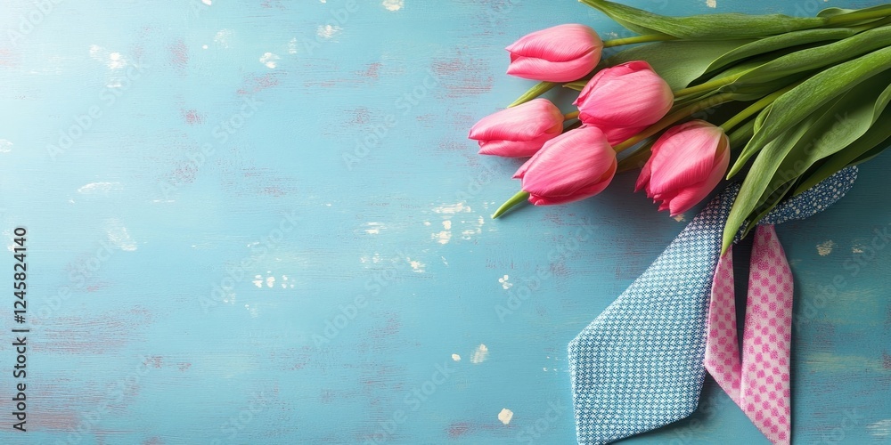 Poster fresh pink tulips with green stems tied with blue and pink patterned ribbons on a textured blue back