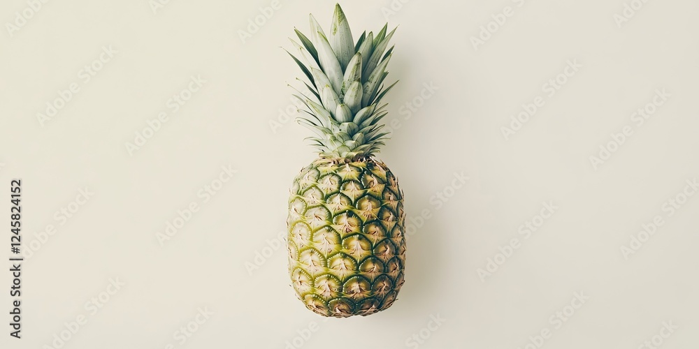 Poster pineapple viewed from above with a vibrant green crown and textured yellow-brown skin on a clean whi