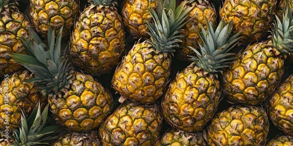 Poster vibrant yellow pineapples piled together showcasing rich textures and unique patterns against a dark