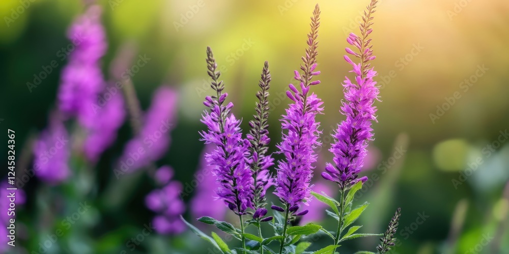 Poster vibrant purple flowers with delicate blooms in a sunlit garden setting, blurred green background wit