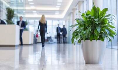 Woman walking office lobby, plants, colleagues