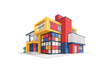 A Mondrian-inspired structure with bold red, blue, and yellow panels, showcasing geometric design and contemporary architecture, isolated on a transparent background