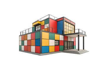 Obraz premium A modular home featuring vibrant panels. With large windows and minimalist design, it combines functionality with bold artistic expression, isolated on a transparent background