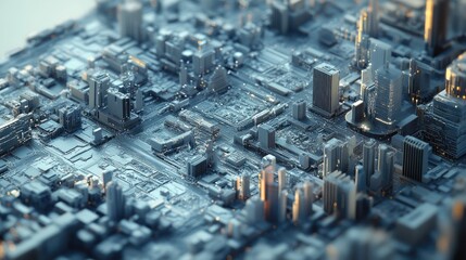 A futuristic 3D city blueprint with sensors, IoT devices, and digital connections, illustrating the interconnectivity that defines smart cities for enhanced urban living.