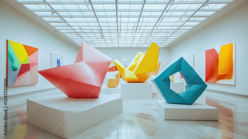 Poster A futuristic art gallery space displaying large geometric sculptures in bright colors, with clean lines and abstract forms that provoke thought and engagement.
