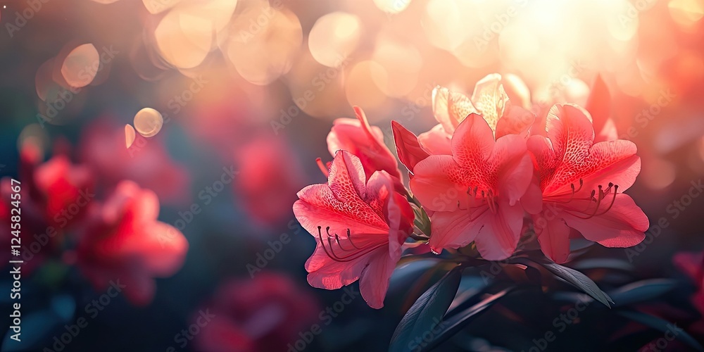 Poster vibrant red rhododendron flowers in focus illuminated by warm sunlight with a softly blurred bokeh b