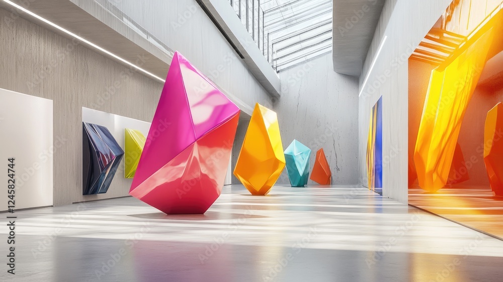 Poster a futuristic art gallery space displaying large geometric sculptures in bright colors, with clean li