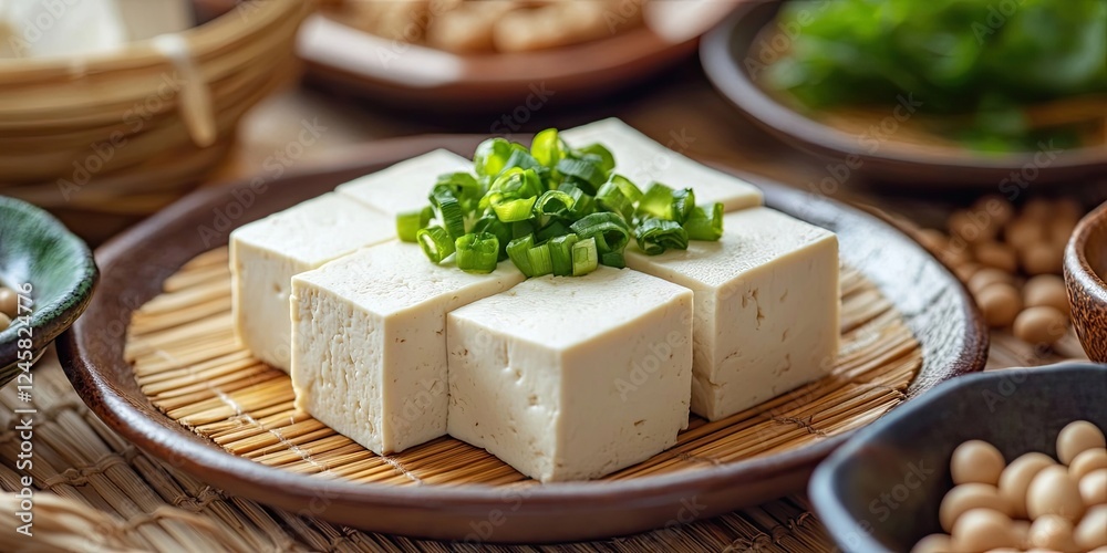Poster freshly sliced tofu topped with chopped green onions on a woven mat, surrounded by bowls of whole so