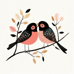 Obraz premium Two love birds perched close together on a small branch, on isolated white background