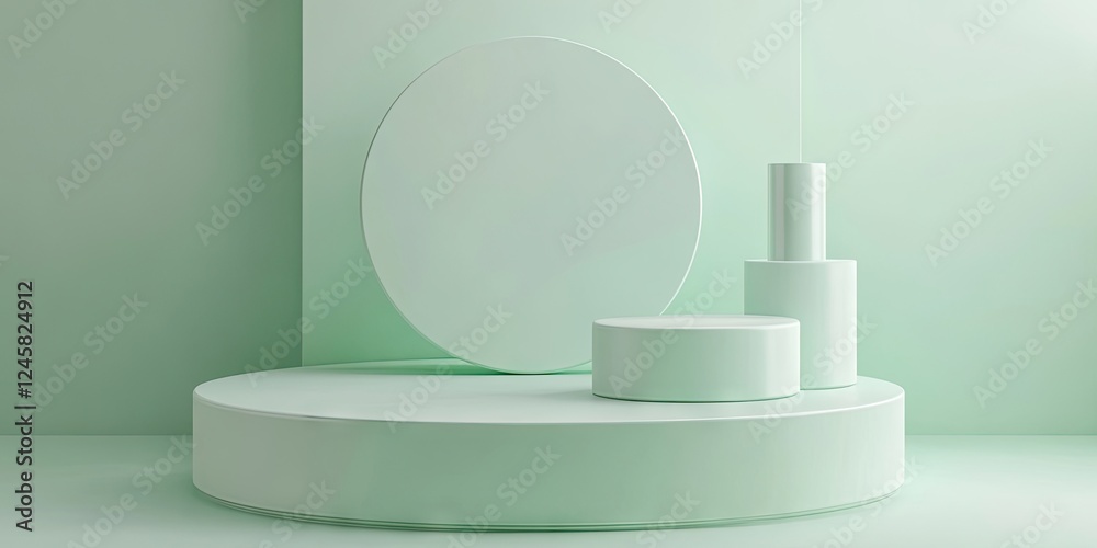 Fototapete Minimalist display with circular and cylindrical white objects on soft green background, arranged on circular platform, creating a serene atmosphere.