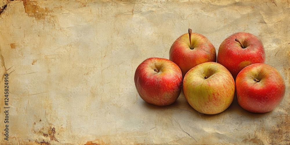 Poster Vintage paper background with five apples in varying reds and greens, positioned on a textured beige canvas, enhancing rustic charm and warmth.
