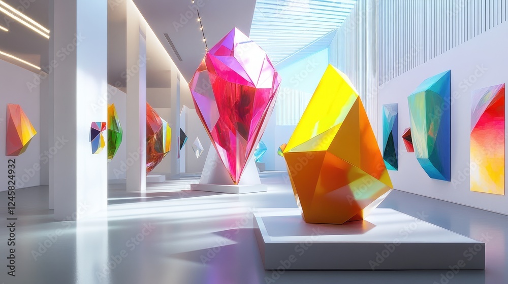 Aufkleber a futuristic art gallery space displaying large geometric sculptures in bright colors, with clean li