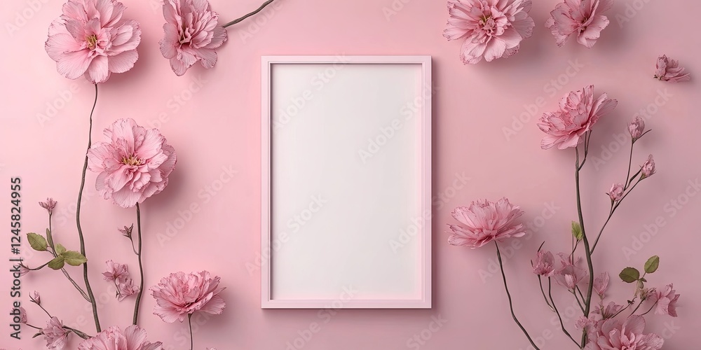 Poster Pastel pink background with pink flowers arranged around a white empty photo frame centered for text placement, creating a serene and elegant design.