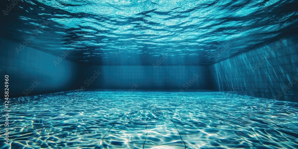 Poster serene underwater view of an empty turquoise swimming pool with gentle light reflections showcasing 