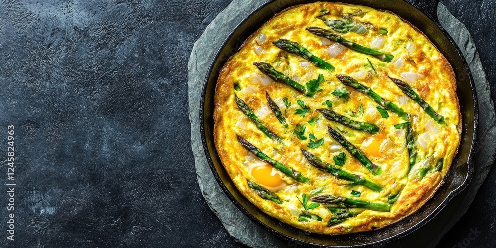 Poster nutritious asparagus omelet in a cast iron skillet with vibrant green asparagus and yellow eggs on a